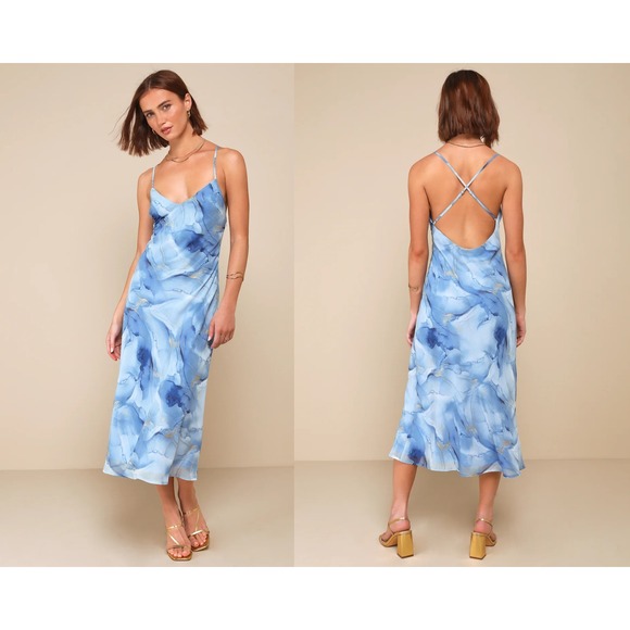 Lulus Dresses & Skirts - Lulus Bright Charm Blue Abstract Print Chiffon Slip Midi Dress Size Large